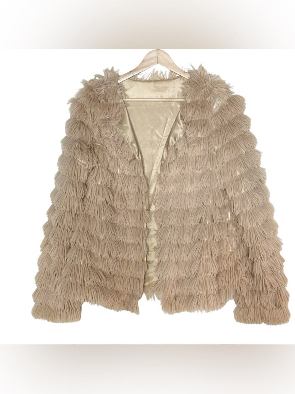 Womens Faux Fur Shaggy Open Front Coat Jacket Size L Beige Pink Lightweight - Picture 3 of 12